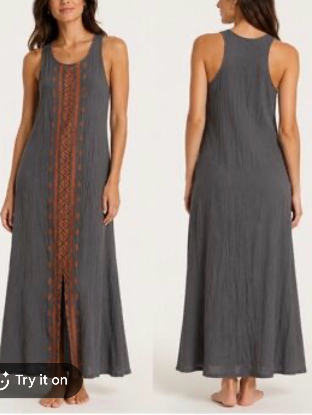 Solitaire Gray Maxi Dress with Rust Embroidered Panel, size XS